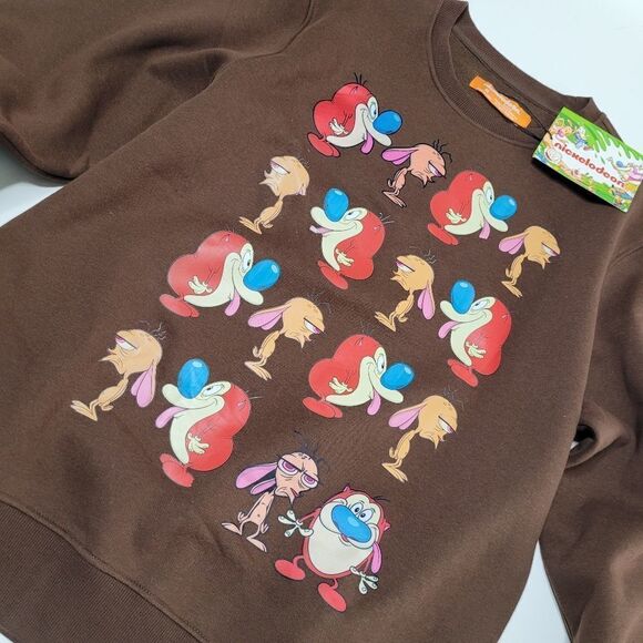 NEW XL REN & STIMPY NICKELODEON TV BROWN CREW GRAPHIC SWEATER SWEATSHIRT NWT - Picture 9 of 11